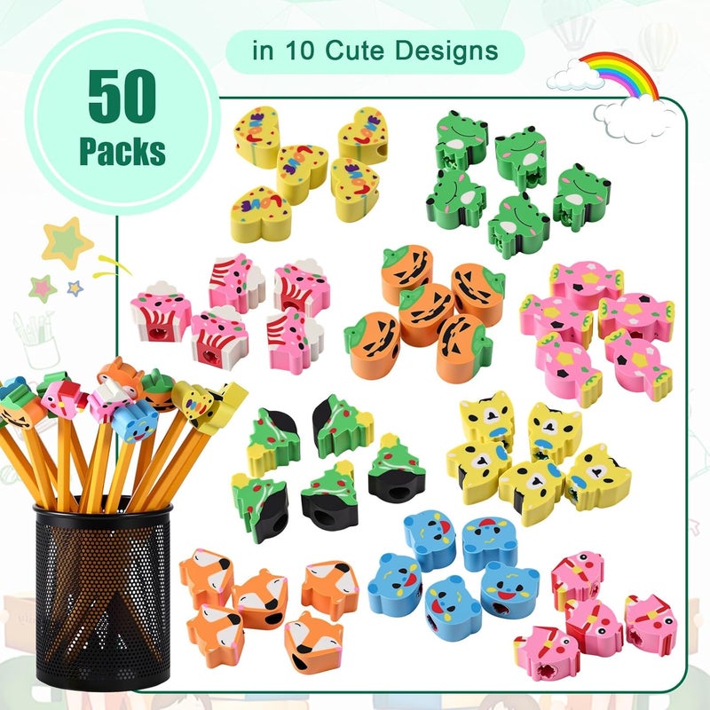 Arrowbash 50 Pcs Pencil Top Erasers for Kids Bulk 10 Cute Animal Designs Assorted Fun Pencil Toppers for Kids and Students Gifts for Back to School Party - Image 3